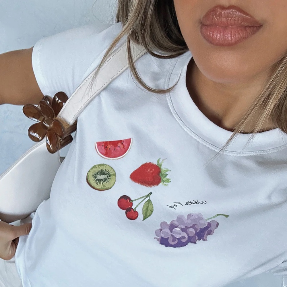 White Fox Boutique White Fruit Print Crop Tee